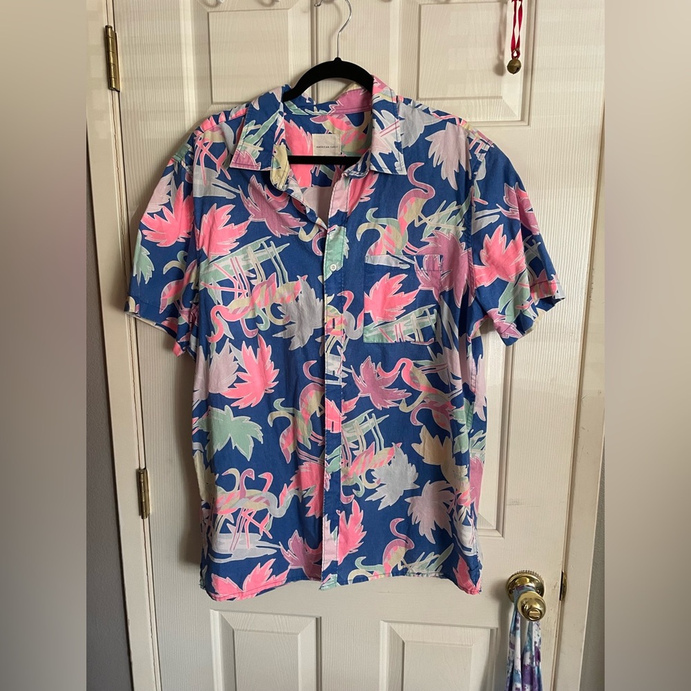 Neon tropical print button down AE American Eagle XLT